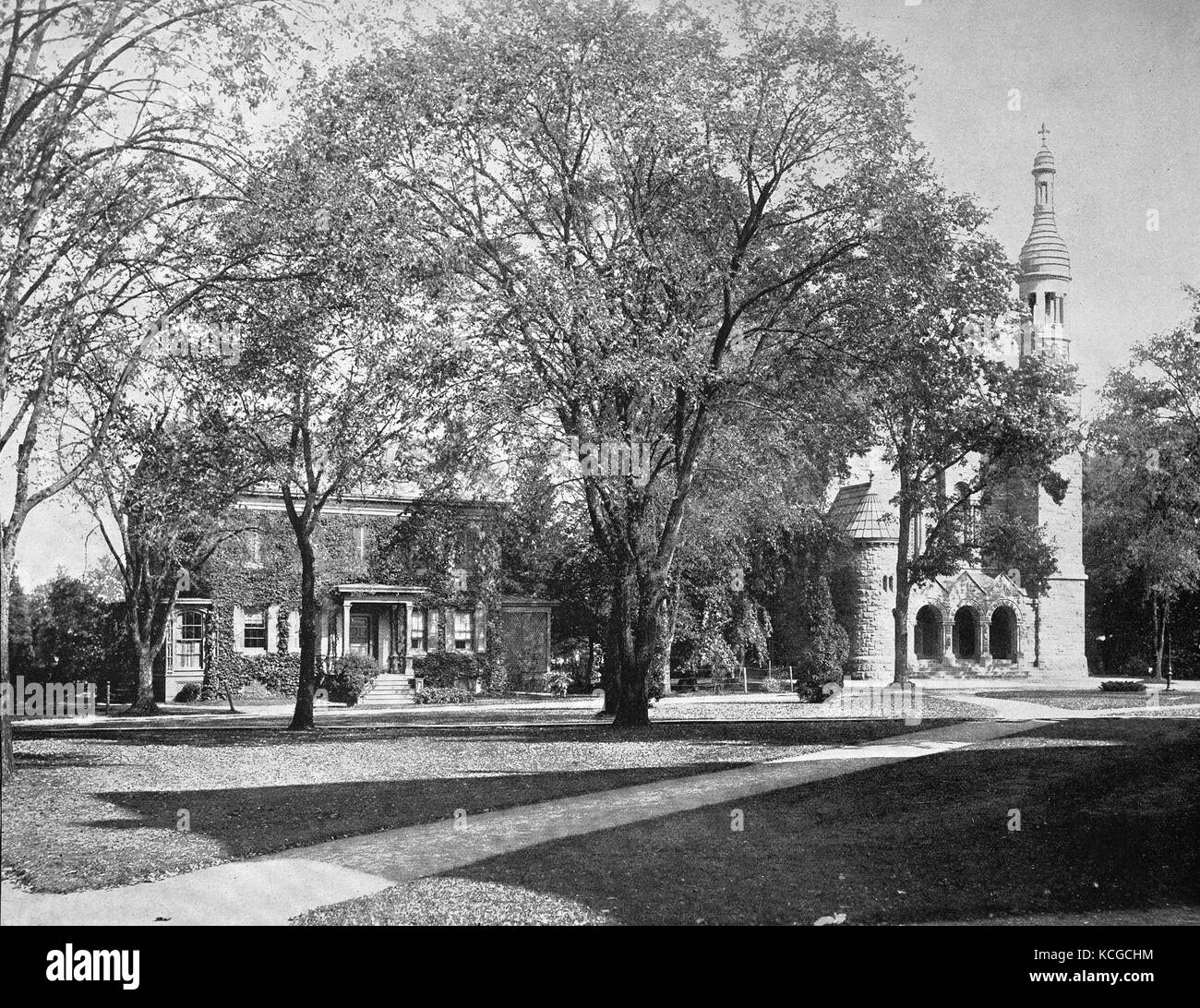 United States of America, the Chapel and the House of Princeton University, State of New Jersey, digital improved reproduction of a historical photo from the (estimated) year 1899 Stock Photo