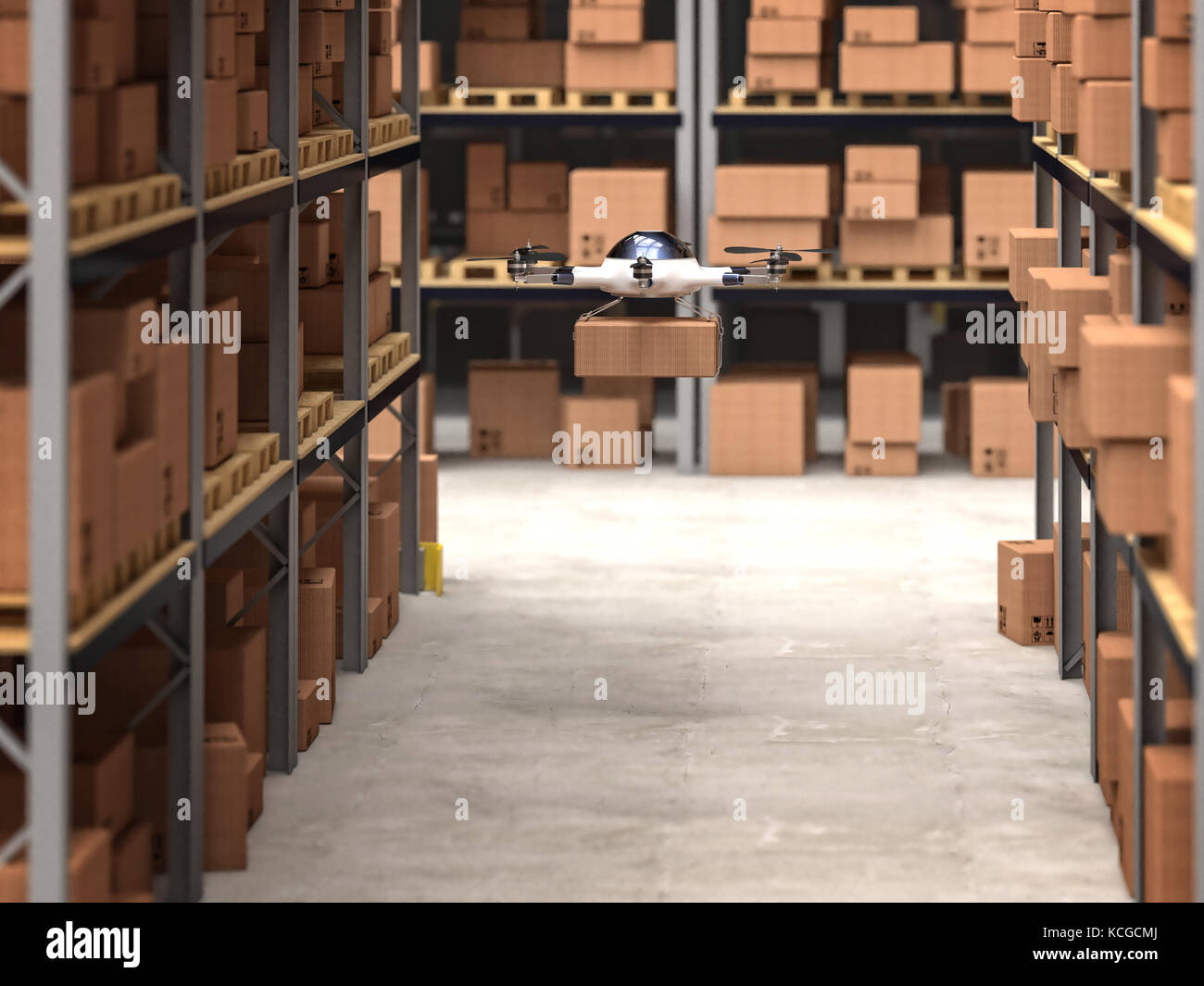 flying drone in warehouse 3d rendering image Stock Photo - Alamy