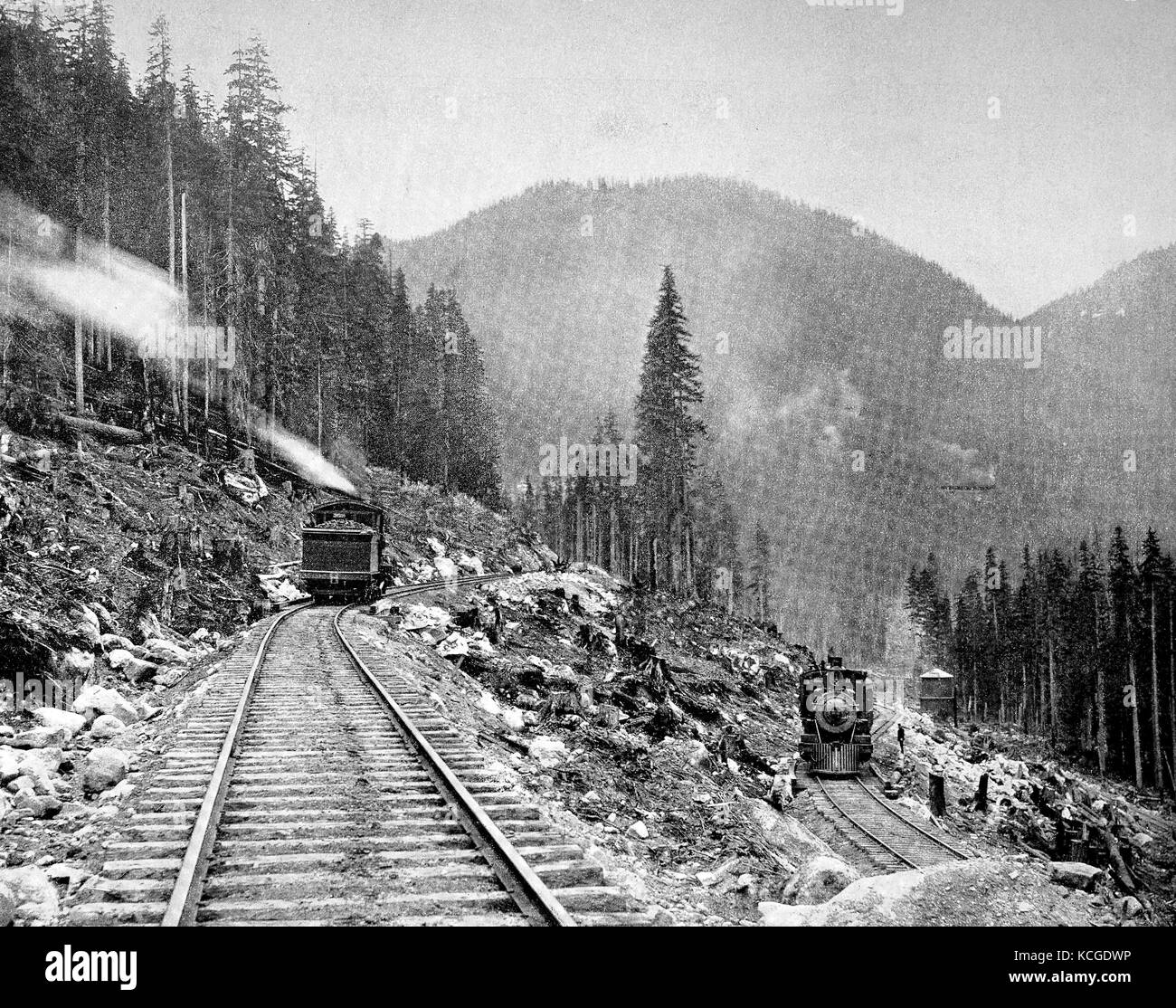 United States of America, the railway line of the Great Northern Railway at the switch-back, part of the Cascade chain at Stevens Pass, digital improved reproduction of a historical photo from the (estimated) year 1899 Stock Photo