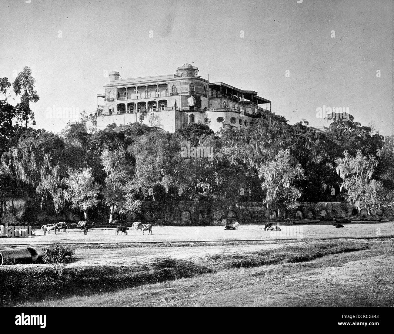 Mexico, on a hill near the city of Mexico the Palace Chapultepec with the terrace, digital improved reproduction of a historical photo from the (estimated) year 1899 Stock Photo