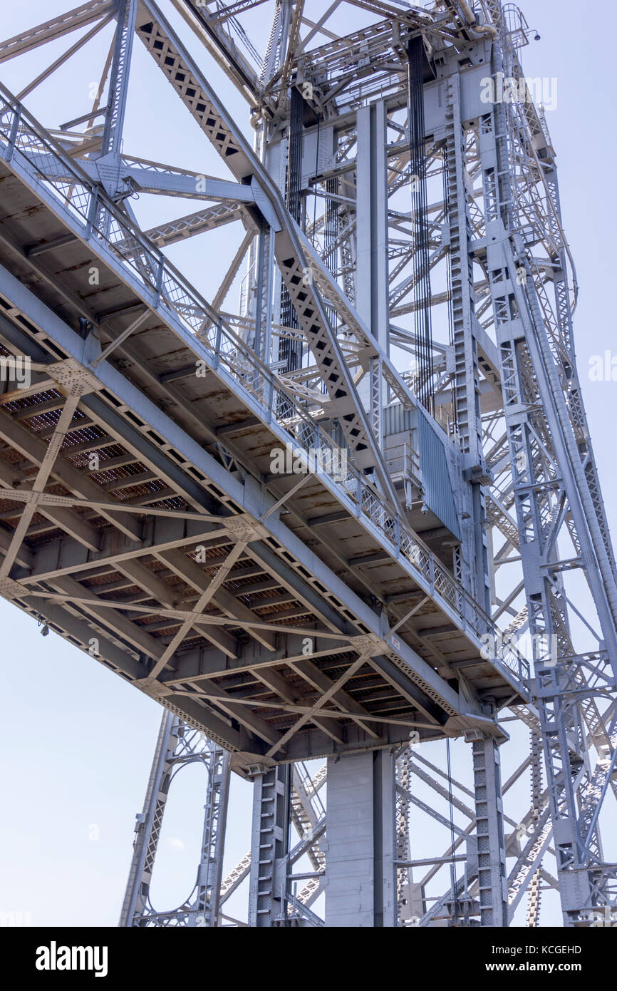 JULY 7, 2012: Duluth, Minnesota/USA - A view from the underside of the Duluth Lift Bridge on Lake Superior. Stock Photo