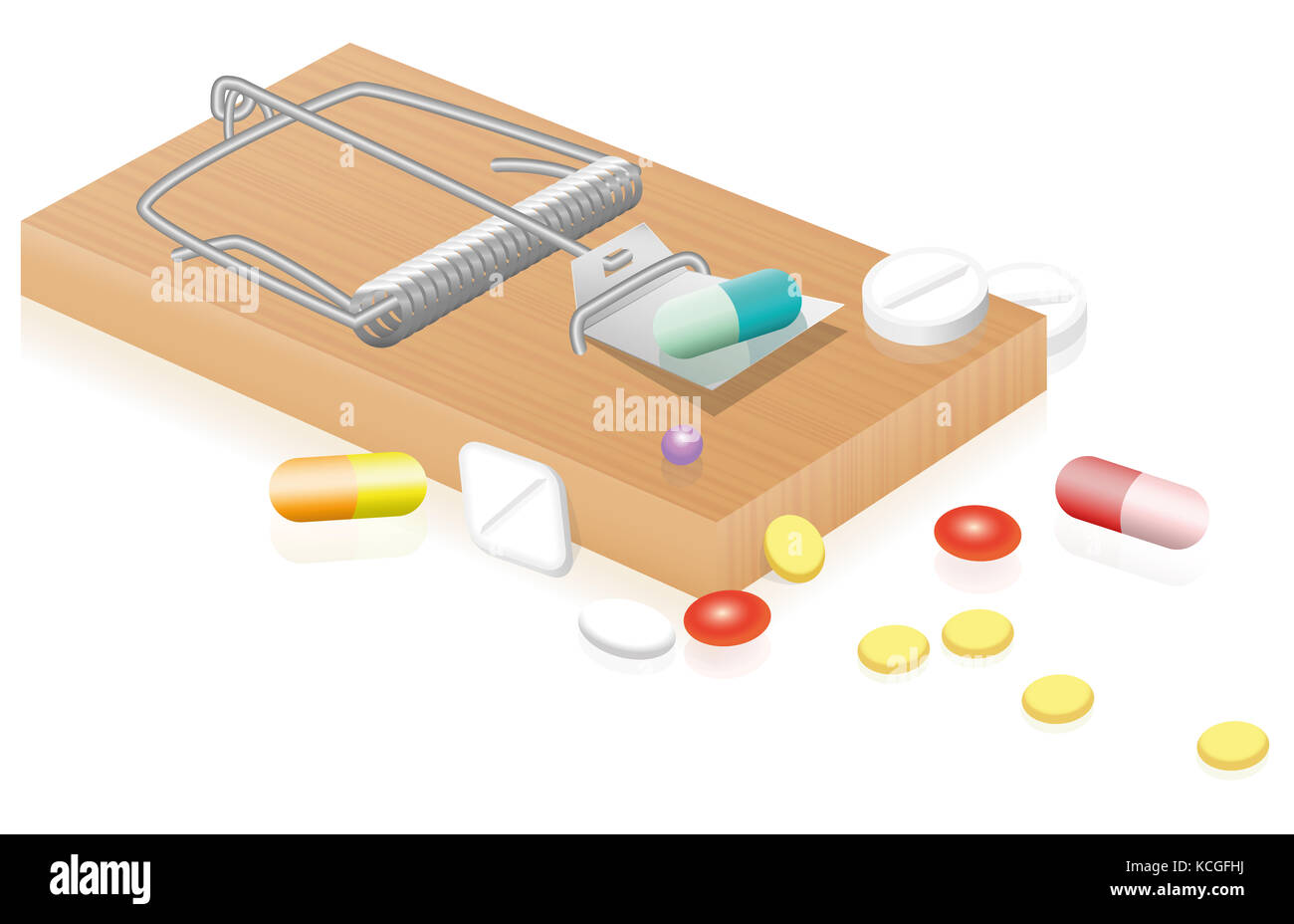 Mouse trap with pills as dangerous, bait for consumers of medicine. Stock Photo