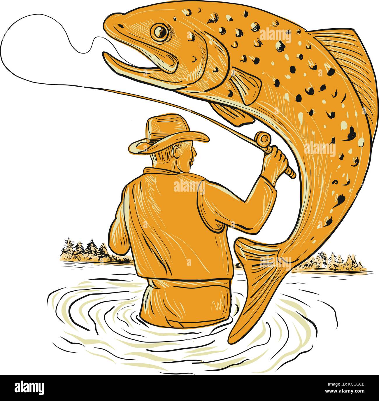 Drawing sketch style illustration of a Fly Fisherman fishing Reeling a spotted brown Trout jumping viewed from rear on isolated background. Stock Vector