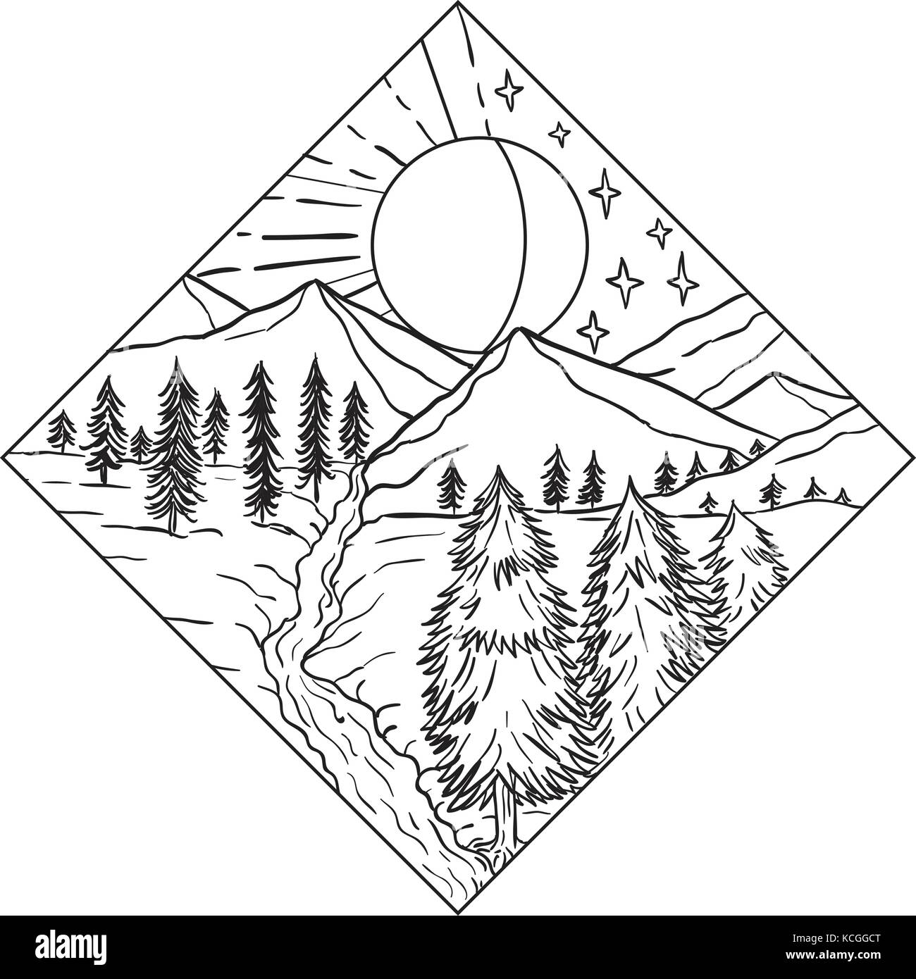 Mono Line Illustration Of Night And Day Sun And Moon Stars With Mountain River And Trees Set Inside Diamond Shape On Isolated Background Done In Black Stock Vector Image Art