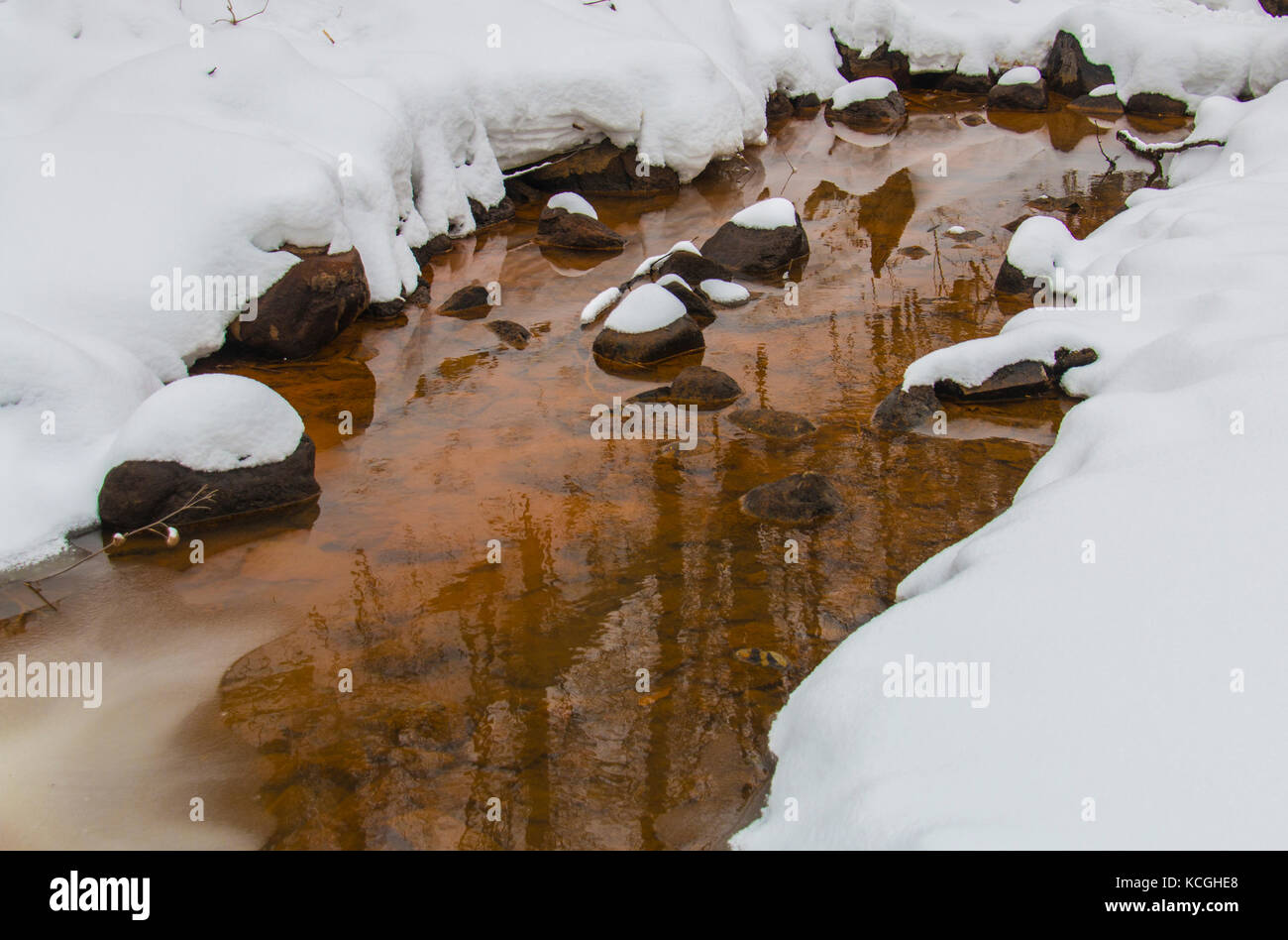 A reflection of trees in Minnehaha Creek in Winter. Stock Photo