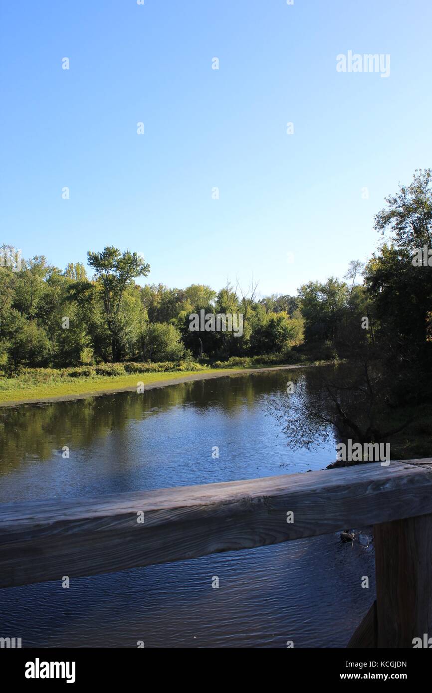 Beautiful park views at a national historical site in Massachusetts in new england with a pond river lake Stock Photo