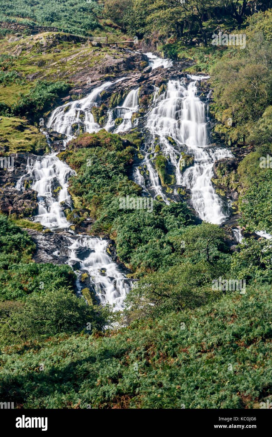 Rapids and waterfalls of Afon Cwm Llan viewed from the Watkin Path Snowdonia National Park, Wales Stock Photo