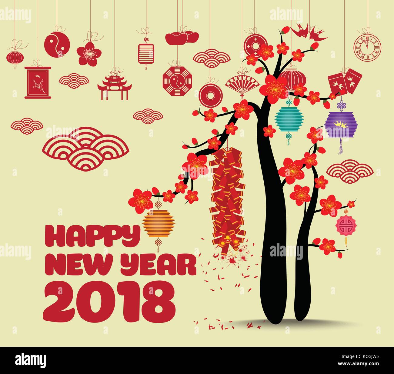 Chinese new year with blossom and firecracker Stock Vector