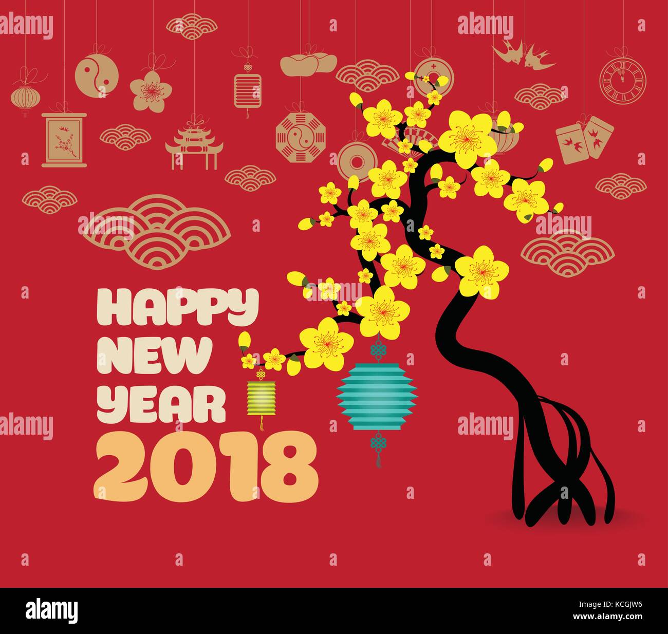 Chinese new year with blossom and lantern Stock Vector