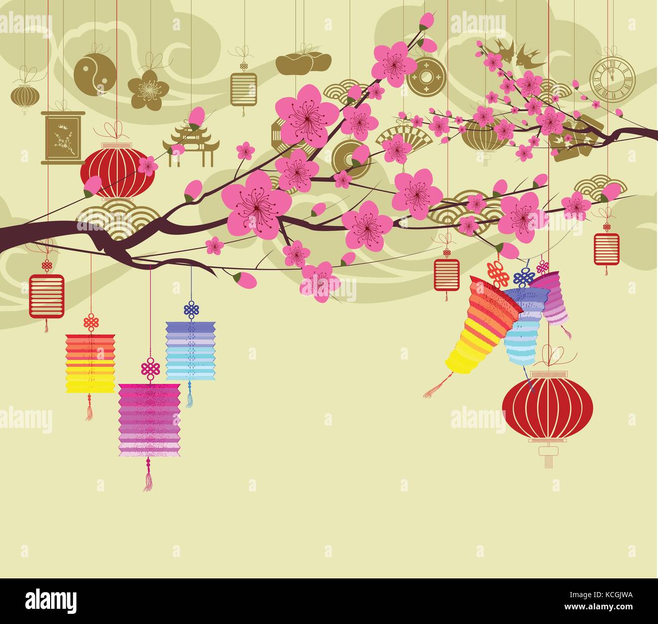 Oriental Happy Chinese New Year 2018 blossom. Chinese baclground Stock Vector