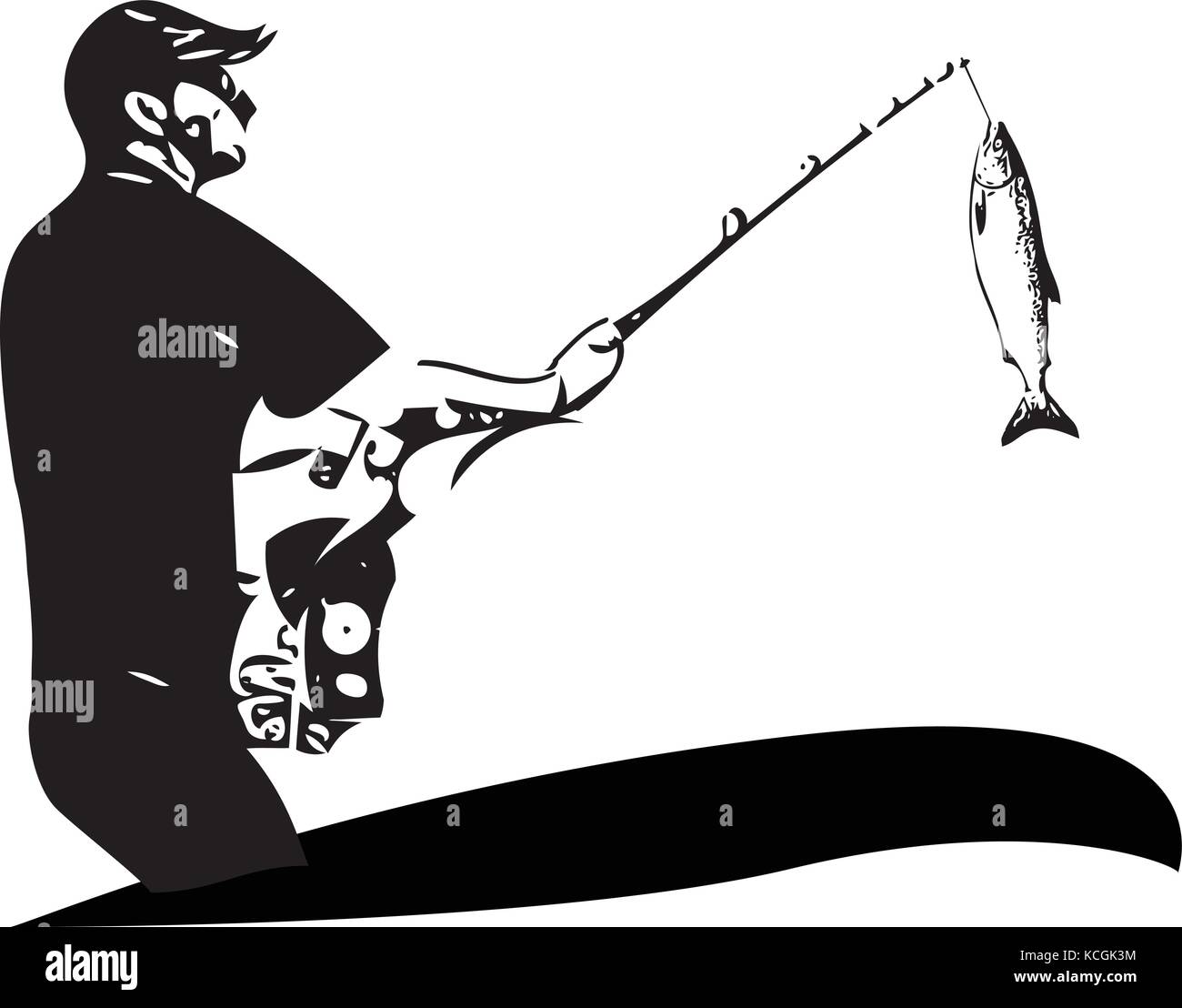 Illustration of man fishing from the boat Stock Vector