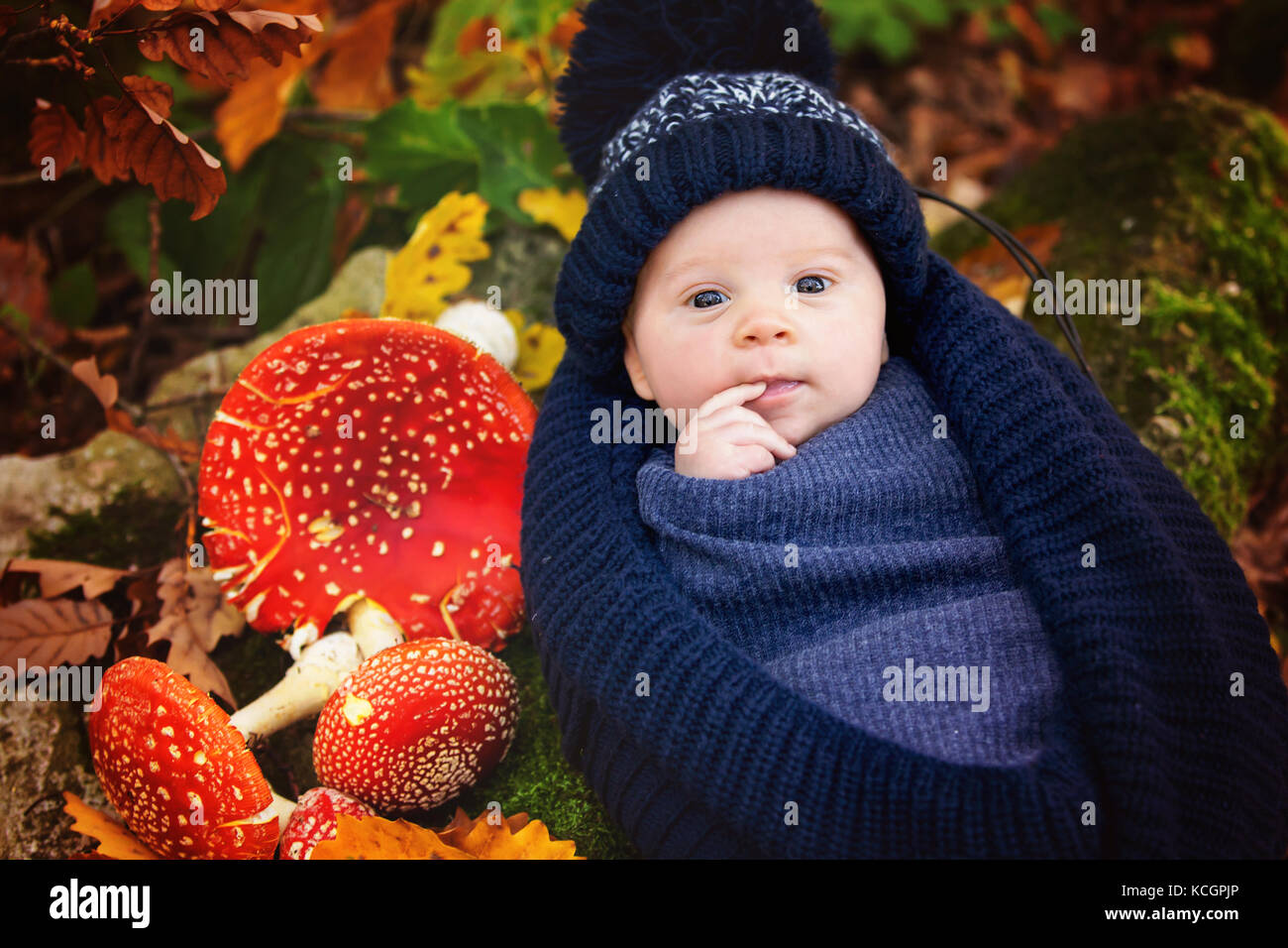 Little newborn baby boy, wrapped in scarf, lying in basket in forest, Amanita Muscaria mushrooms next to him Stock Photo