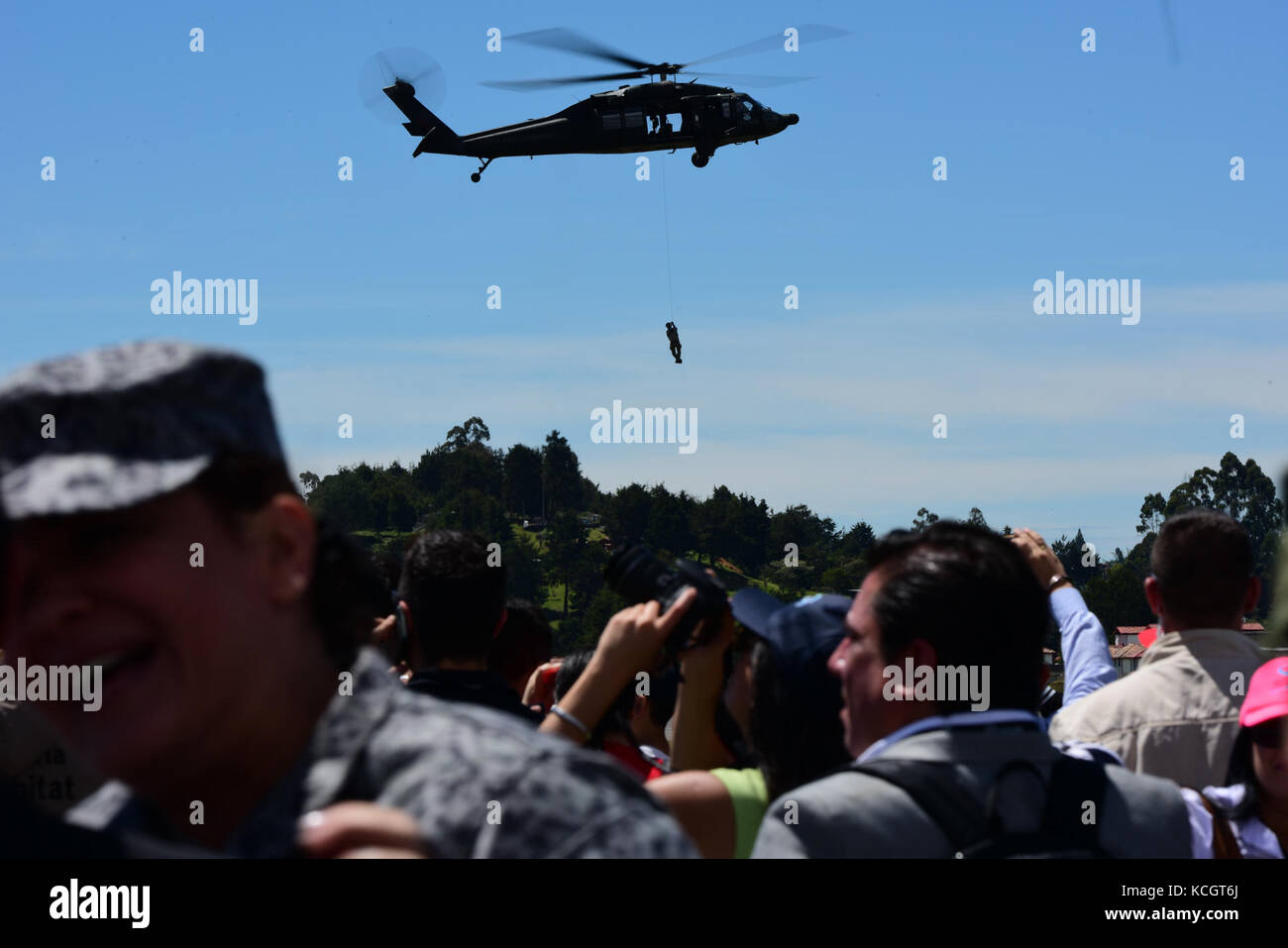 A Colombian UH-60 Black Hawk helicopter participates in Feria Aeronautica Internacional—Colombia 2017 at José María Córdova International Airport in Rionegro, Colombia, July 13, 2017. The United States Air Force is participating in the four-day air show with two South Carolina Air National Guard F-16s as static displays, plus static displays of a KC-135, KC-10, along with an F-16 aerial demonstration by the Air Combat Command’s Viper East Demo Team. United States military participation in the air show provides an opportunity to strengthen our military-to-military relationships with regional pa Stock Photo