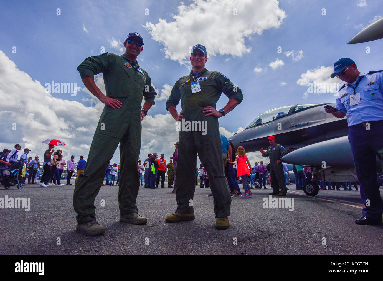 U.S. Air Force Col. Nicholas Gentile, the 169th Fighter Wing Commander, right, and Lt. Col Jeff Beckham, a fighter pilot assigned to the 157th Fighter Squadron, left, pose for a photo at José María Córdova International Airport during F-AIR 2017 in Rionegro, Colombia, July 14, 2017. United States military participation in the air show provides an opportunity to strengthen our military-to-military relationships with regional partners and provides the opportunity to meet with our Colombian air force counterparts and facilitate interoperability, which can be exercised in future cooperation events Stock Photo