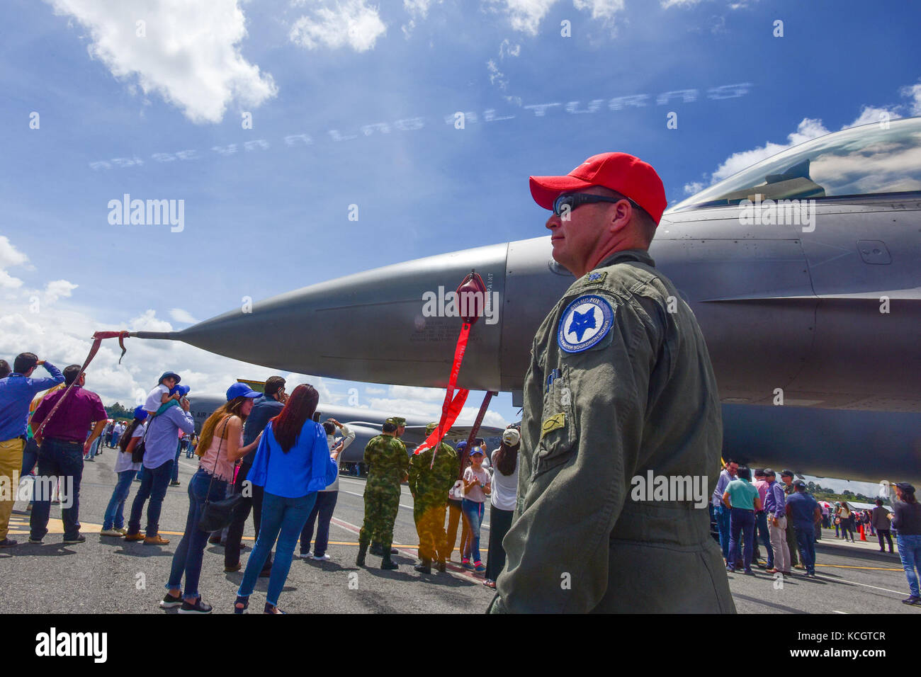 U.S. Air Force Lt. Col. Andrew Thorne, a fighter pilot assigned to the 157th Fighter Squadron, stands next to a U.S. Air Force F-16 Fighting Falcon assigned to the South Carolina Air National Guard’s 169th Fighter Wing while at José María Córdova International Airport during F-AIR 2017 in Rionegro, Colombia, July 14, 2017. United States military participation in the air show provides an opportunity to strengthen our military-to-military relationships with regional partners and provides the opportunity to meet with our Colombian air force counterparts and facilitate interoperability, which can  Stock Photo