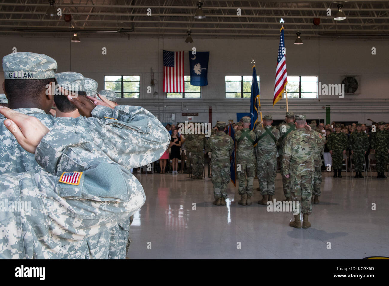The South Carolina Army National Guard held a departure ceremony Aug. 26, 2017 at McEntire Joint National Guard Base to recognize Soldiers of the 1-151st Attack Reconnaissance Battalion deploying to provide aviation capabilities under the 3rd Combat Aviation Brigade in Afghanistan in support of Operation Freedom's Sentinel. (U.S. Army National Guard Photo by Staff Sgt. Erica Knight, 108th Public Affairs Detachment) Stock Photo
