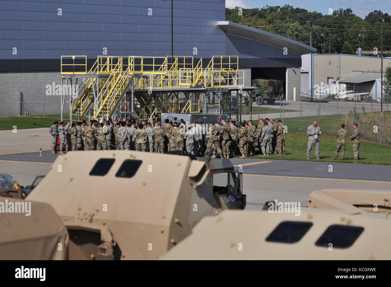 New Jersey National Guard Soldiers assigned to the 253rd Transportation Company, 57th Troop Command, N.J. Army National Guard, depart from the South Carolina National Guard Army Aviation Support Facility (loc. 2), Greenville, S.C., September 10, 2017. The Soldiers of 253rd spent the night at the SCNG flight facility in order to rest and perform some unscheduled maintenance on some trucks. The convoy is currently directed to Florida and will prepare to support disaster-response operations as Hurricane Irma moves northwestward, after making landfall in Southern Florida. (U.S. Army National Guard Stock Photo