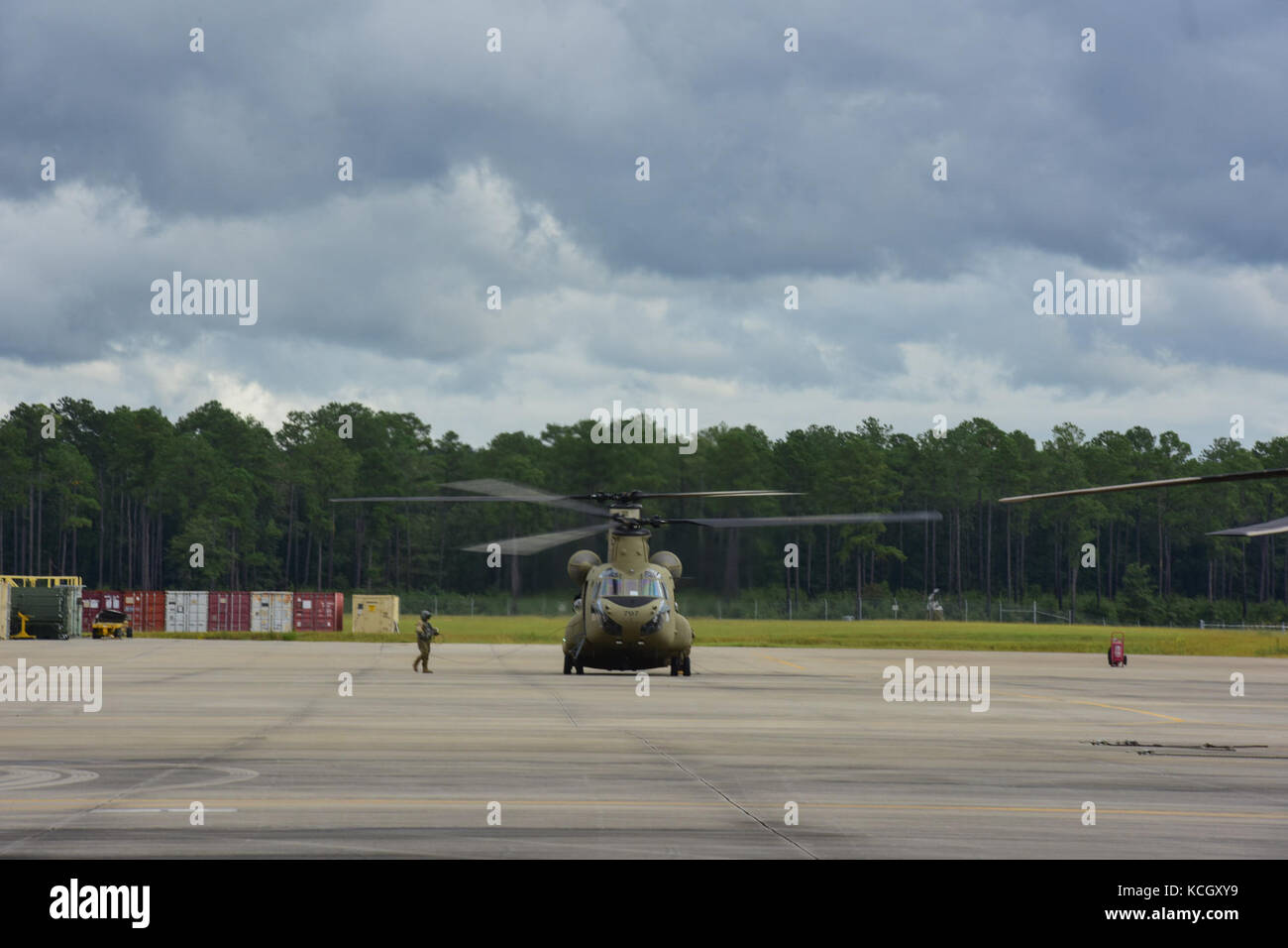 Two Boeing CH-47F Chinook aircraft assigned to the Ohio National Guard’s 3-238th General Aviation Support Battalion take off from McEntire Joint National Guard Base, S.C., on their way to Naval Air Station Cecil Field in Jacksonville, Florida as part of a response to Hurricane Irma, Sept. 12, 2017.  McEntire JNGB served as a transition point for the unit to refuel before heading on to Florida. Both aircraft recently responded to the damage and flooding in Texas caused by Hurricane Harvey by moving supplies and personnel. Hurricane Irma peaked as a Category 5 hurricane in the Atlantic Ocean and Stock Photo
