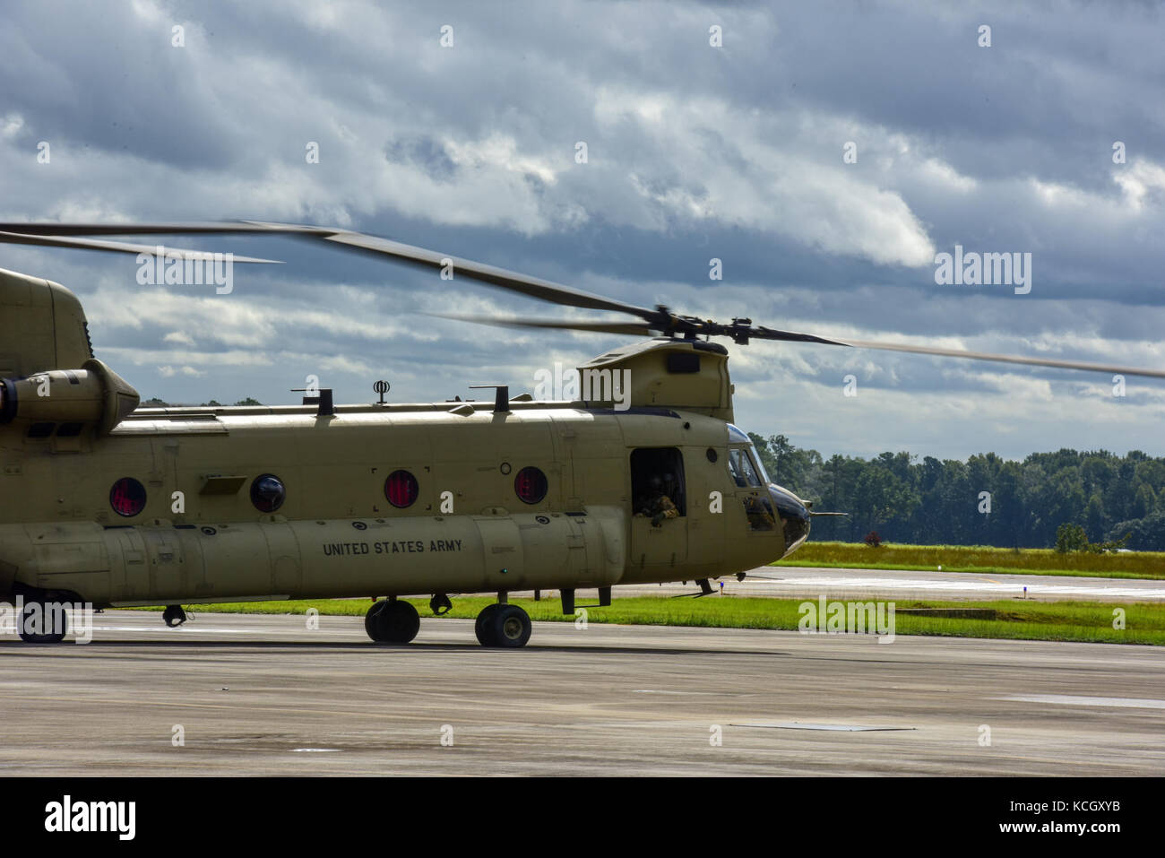 Two Boeing CH-47F Chinook aircraft assigned to the Ohio National Guard’s 3-238th General Aviation Support Battalion take off from McEntire Joint National Guard Base, S.C., on their way to Naval Air Station Cecil Field in Jacksonville, Florida as part of a response to Hurricane Irma, Sept. 12, 2017.  McEntire JNGB served as a transition point for the unit to refuel before heading on to Florida. Both aircraft recently responded to the damage and flooding in Texas caused by Hurricane Harvey by moving supplies and personnel. Hurricane Irma peaked as a Category 5 hurricane in the Atlantic Ocean and Stock Photo