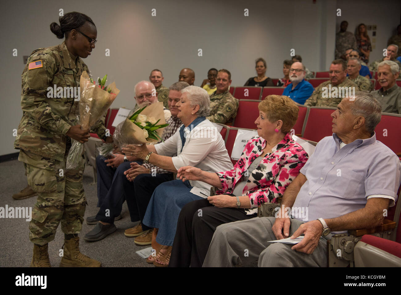 U.S. Army Sgt. 1st Class Kelsie Temples is honored on the day of her retirement at a ceremony held at the TAG complex in Columbia, South Carolina, October 3, 2017. Temples was a member of the Women's Army Corps (WAC) when she enlisted in 1976 and served 4 years active duty Army and 17 years South Carolina Army National Guard in multiple assignments, including Finance Non Commissioned Officer for the Joint Force Headquarters Fiscal Accounting Section as well as a Military Pay Clerk for the Headquarters State Area Command. (U.S. Army National Guard photo by Spc. Chelsea Baker) Stock Photo