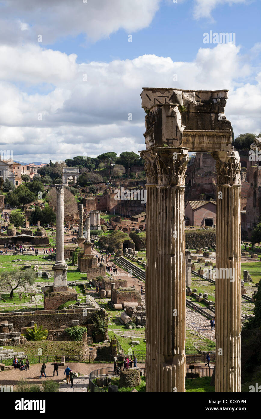 Rome. Italy. View of the Roman Forum from the Tabularium, Capitoline Museums. Temple of Vespasian (foreground) & via Sacra. Stock Photo