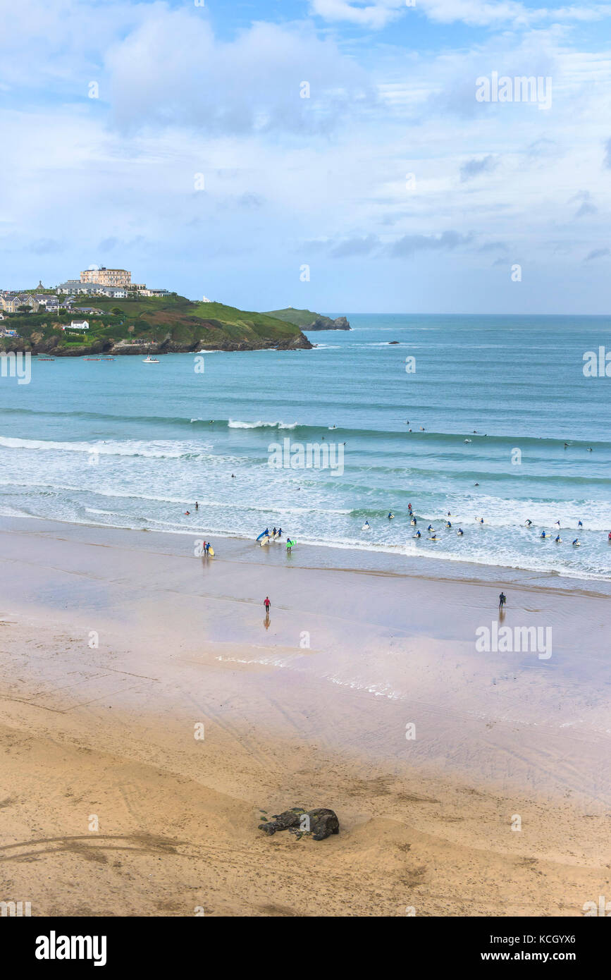 Surfing in Cornwall - surfing activity on Great Western Beach in Newquay, Cornwall. Stock Photo