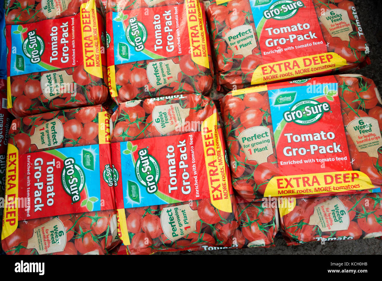Stack of bags of Gro-Sure tomato grow pack deep bags ideal for one plant in a garden centre Stock Photo