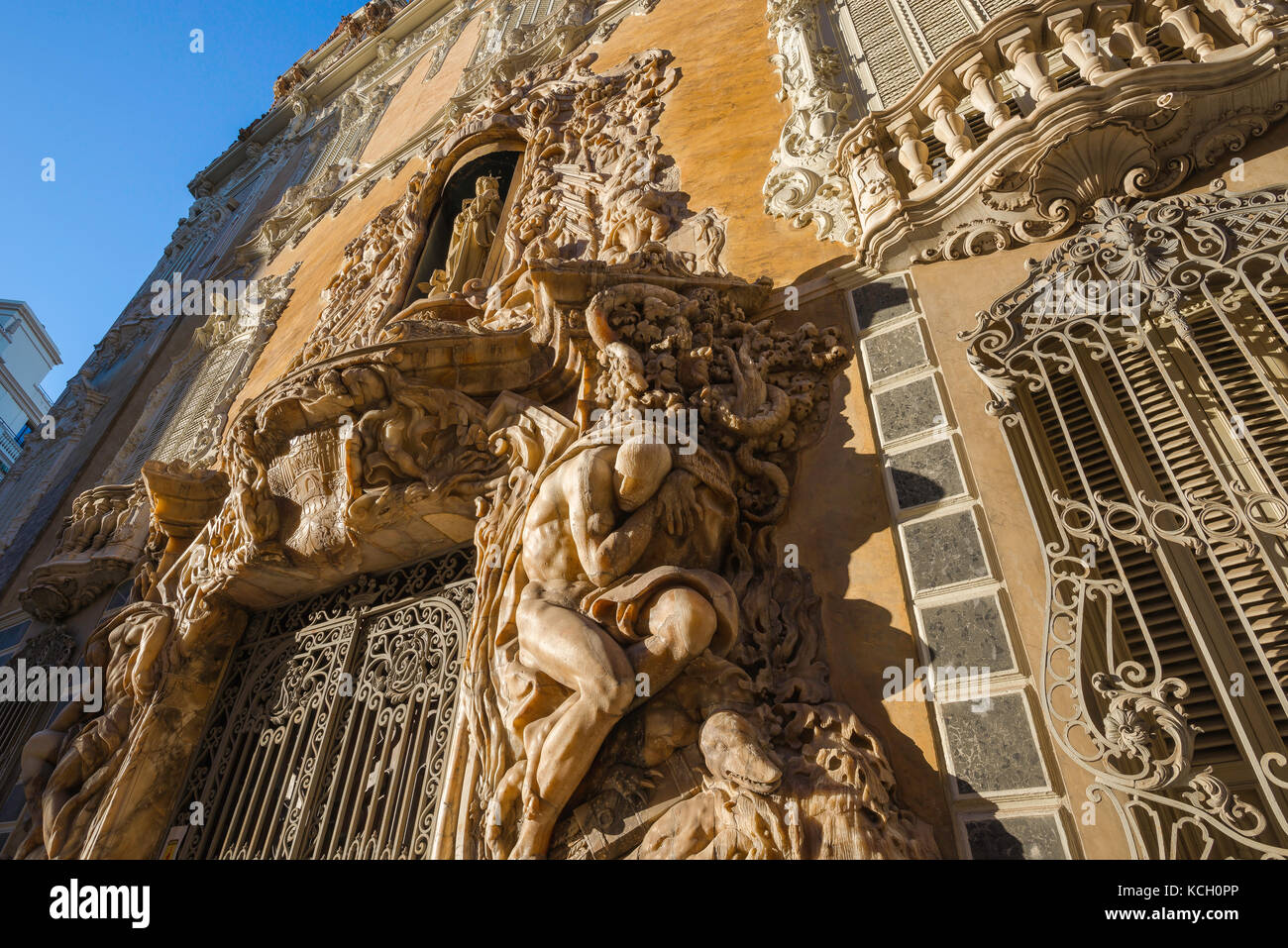 Valencia ceramics museum, baroque alabaster sculptures around the entrance to the Palacio del Marques de Dos Aguas (Museo Ceramica), Valencia, Spain. Stock Photo