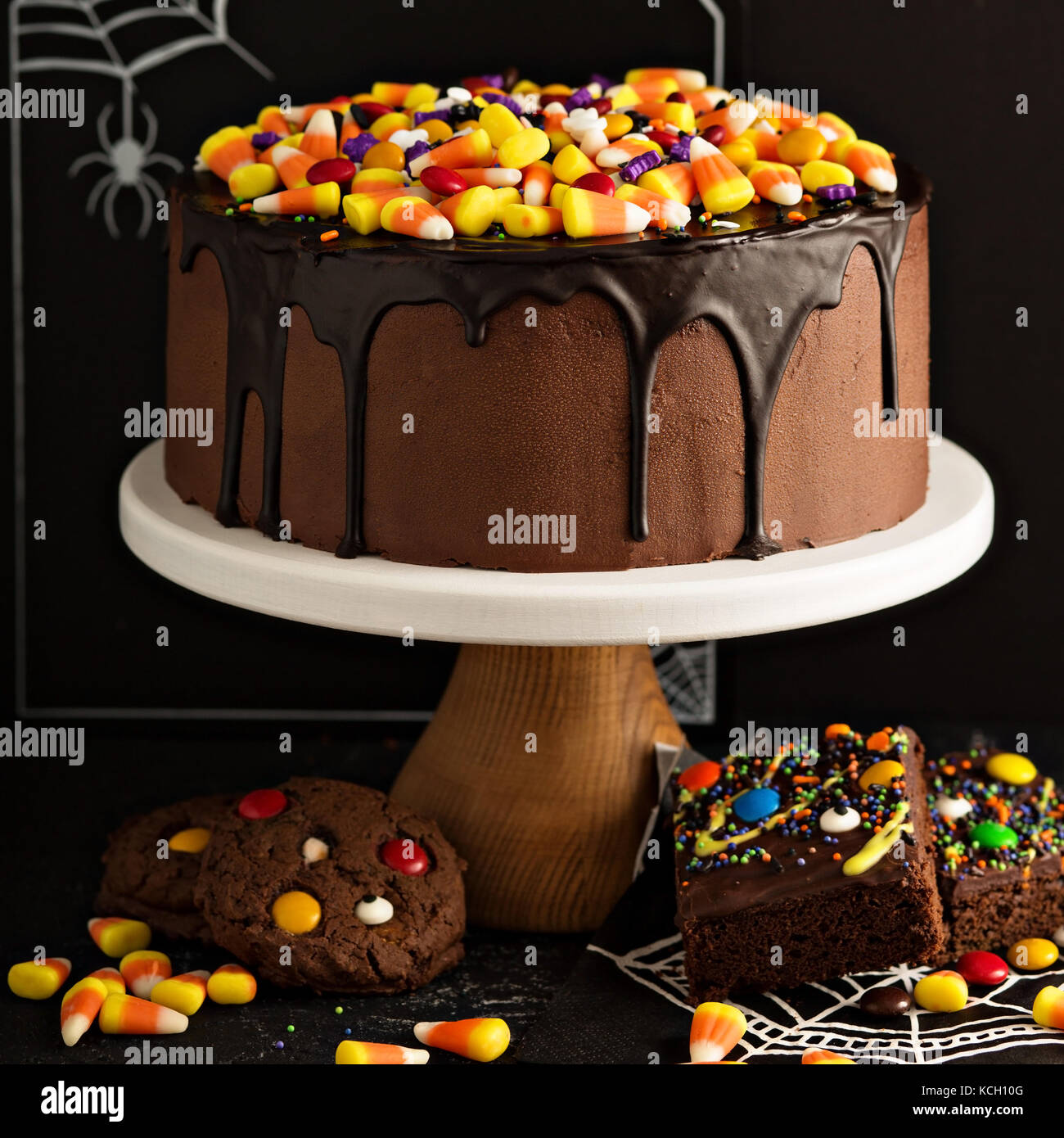 Halloween chocolate cake with candy on top Stock Photo Alamy