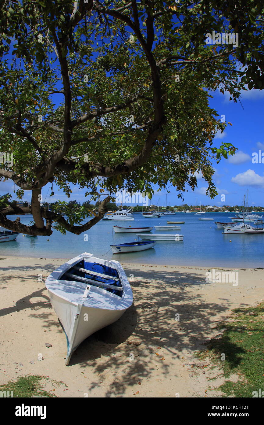 Grandbaie, Mauritius pleasure and fishing craft moored on the beach