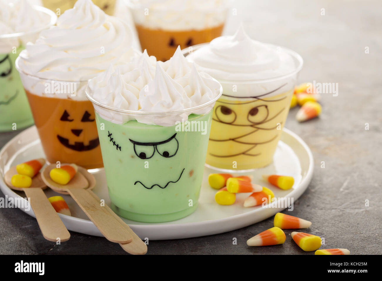 Funny Halloween themed puddings in cups Stock Photo Alamy