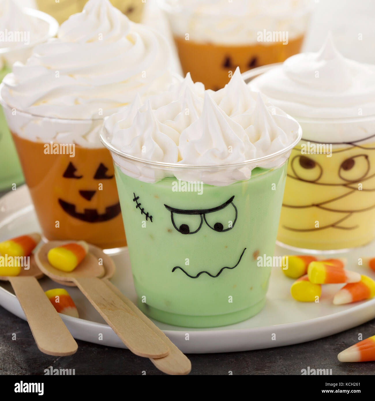 Funny Halloween themed puddings in cups Stock Photo Alamy