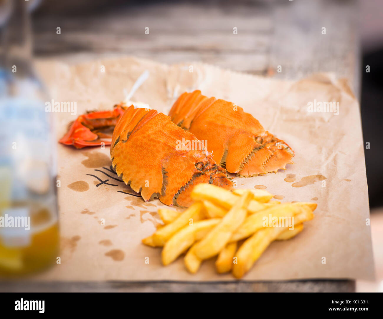 Modern take on fish and chips in Australia with Moreton Bay Bugs and hot chips Stock Photo