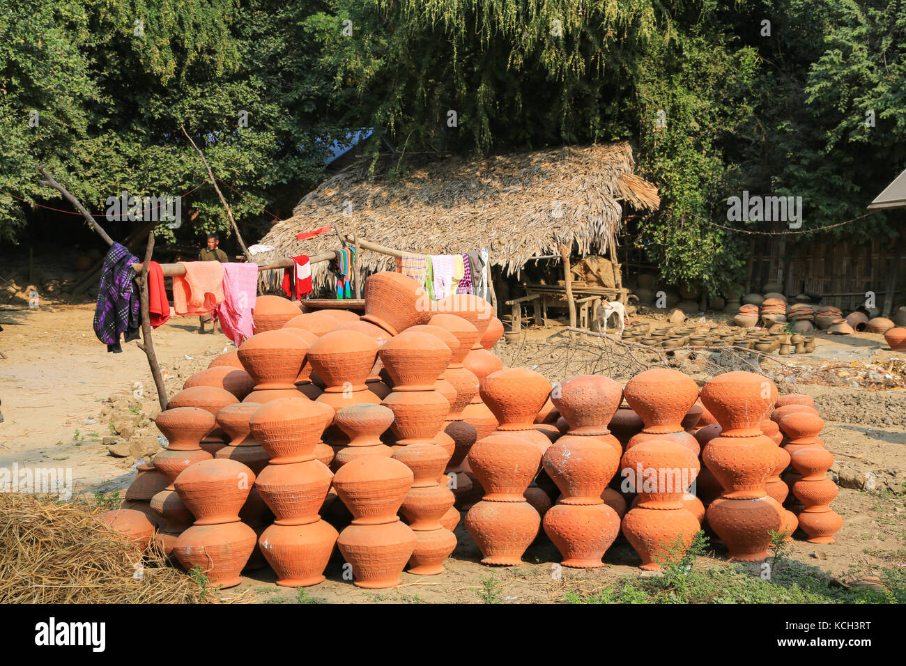 Pots cover the ground in Yandabo Village on the Irrawaddy River in Myanmar (Burma). Stock Photo