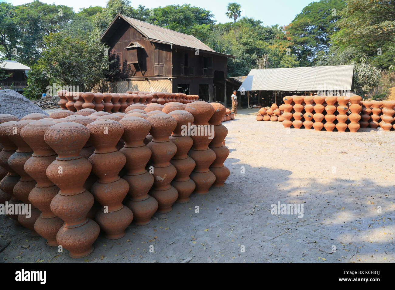 Pots cover the ground in Yandabo Village on the Irrawaddy River in Myanmar (Burma). Stock Photo