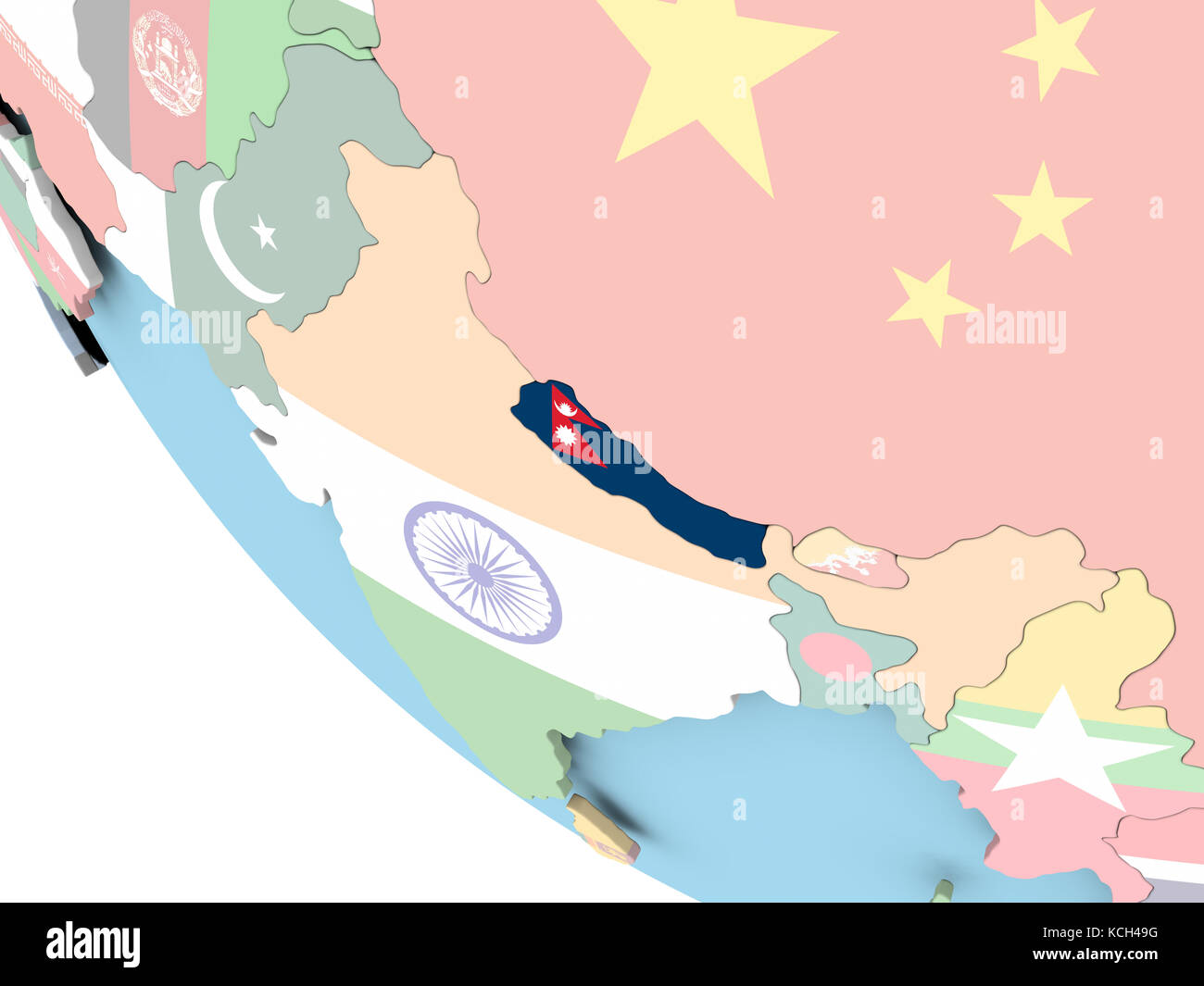 Nepal on bright political globe with embedded flag. 3D illustration ...