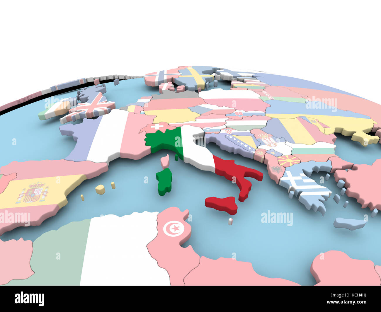 Italy on political globe with embedded flags. 3D illustration Stock ...