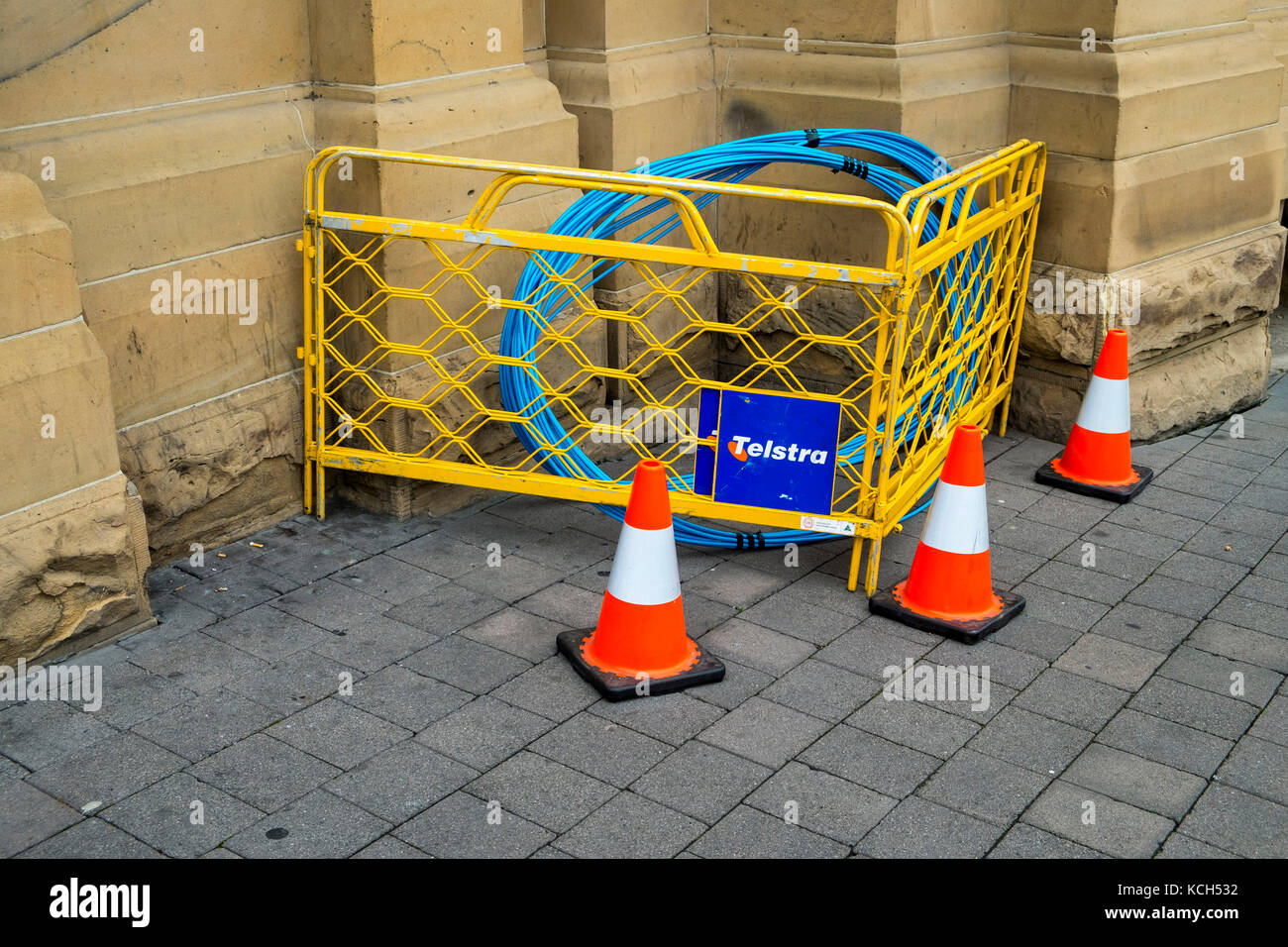 Optic fibre cable on Macquarie Street in the Hobart CBD in Tasmania in readiness for another installation in Australia's highly criticised National Broadband Network Stock Photo