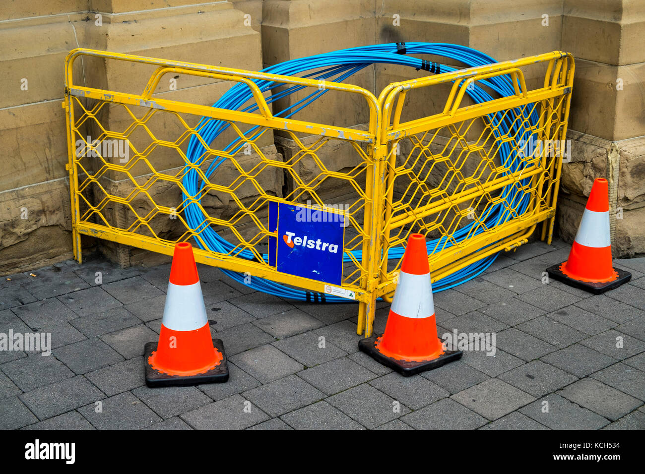 Optic fibre cable on Macquarie Street in the Hobart CBD in Tasmania in readiness for another installation in Australia's highly criticised National Broadband Network Stock Photo