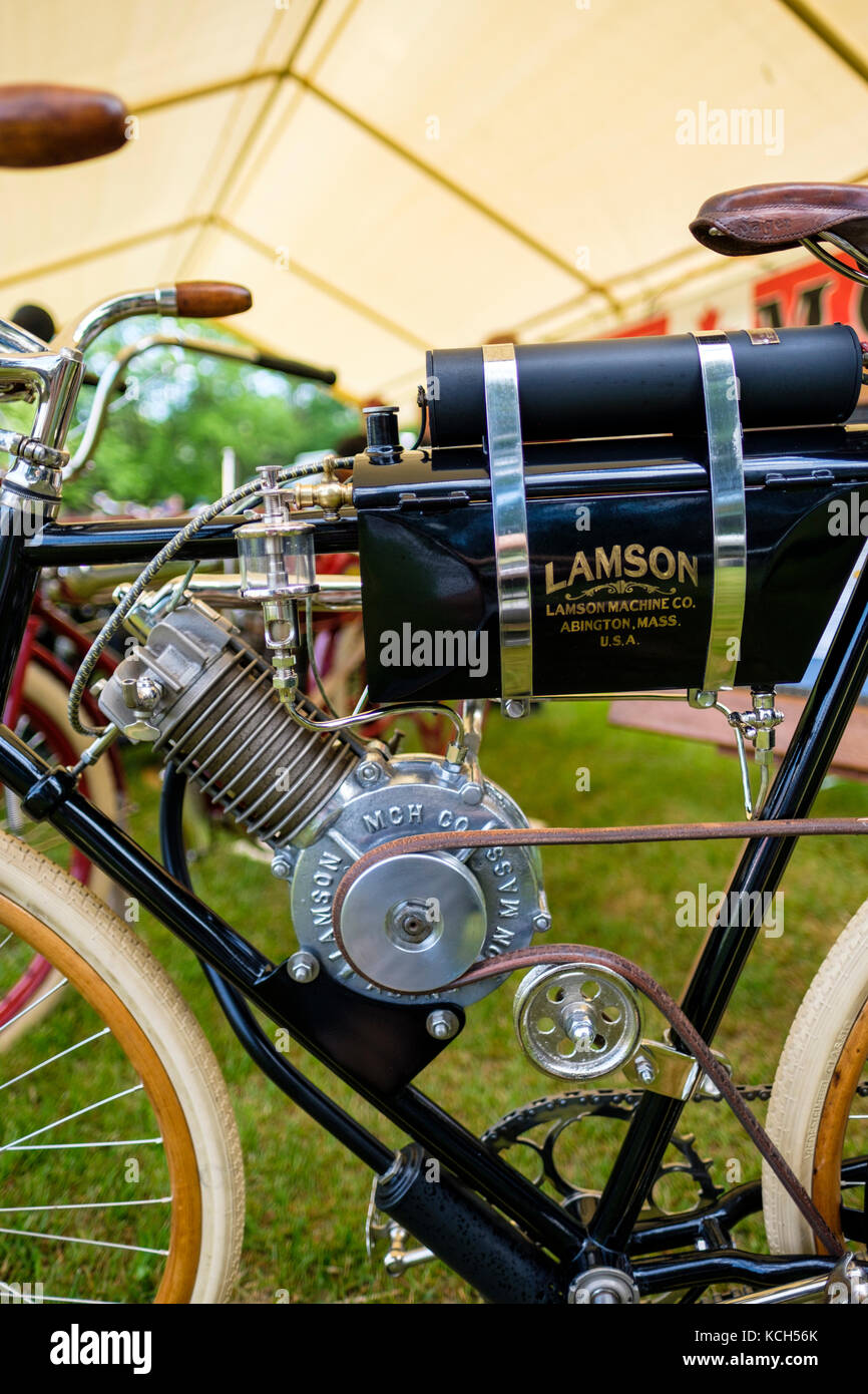 1902 Lamson Motor Bicycle, the only one known of in the world, built by Ernest Florian Lamson, at Fleetwood Country Cruize-In 2017, London, Ontario. Stock Photo