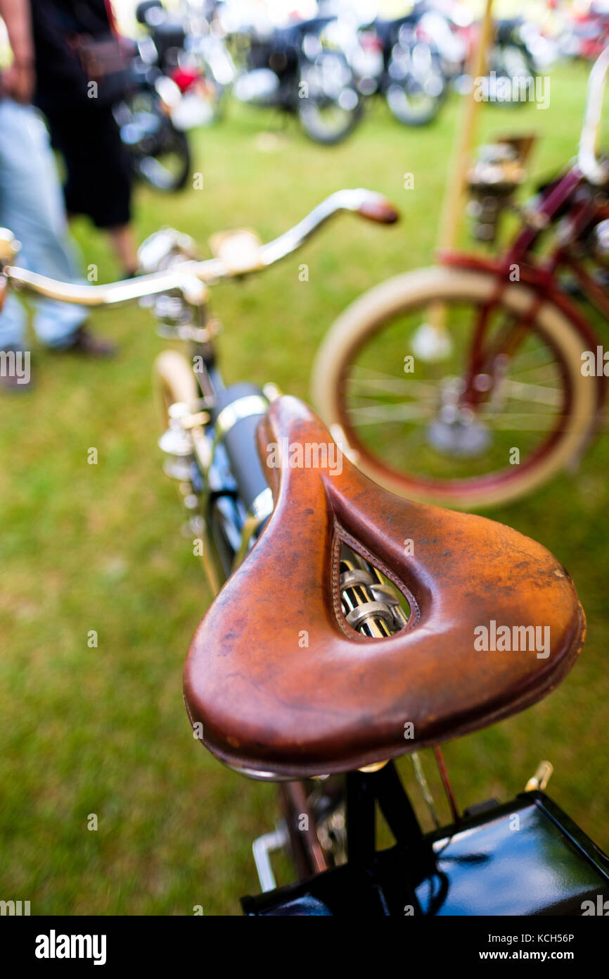 Seat (saddle) of a 1902 Lamson Motor Bicycle, the only one known of in the world, built by Ernest Florian Lamson, at Fleetwood Country Cruize-In 2017. Stock Photo