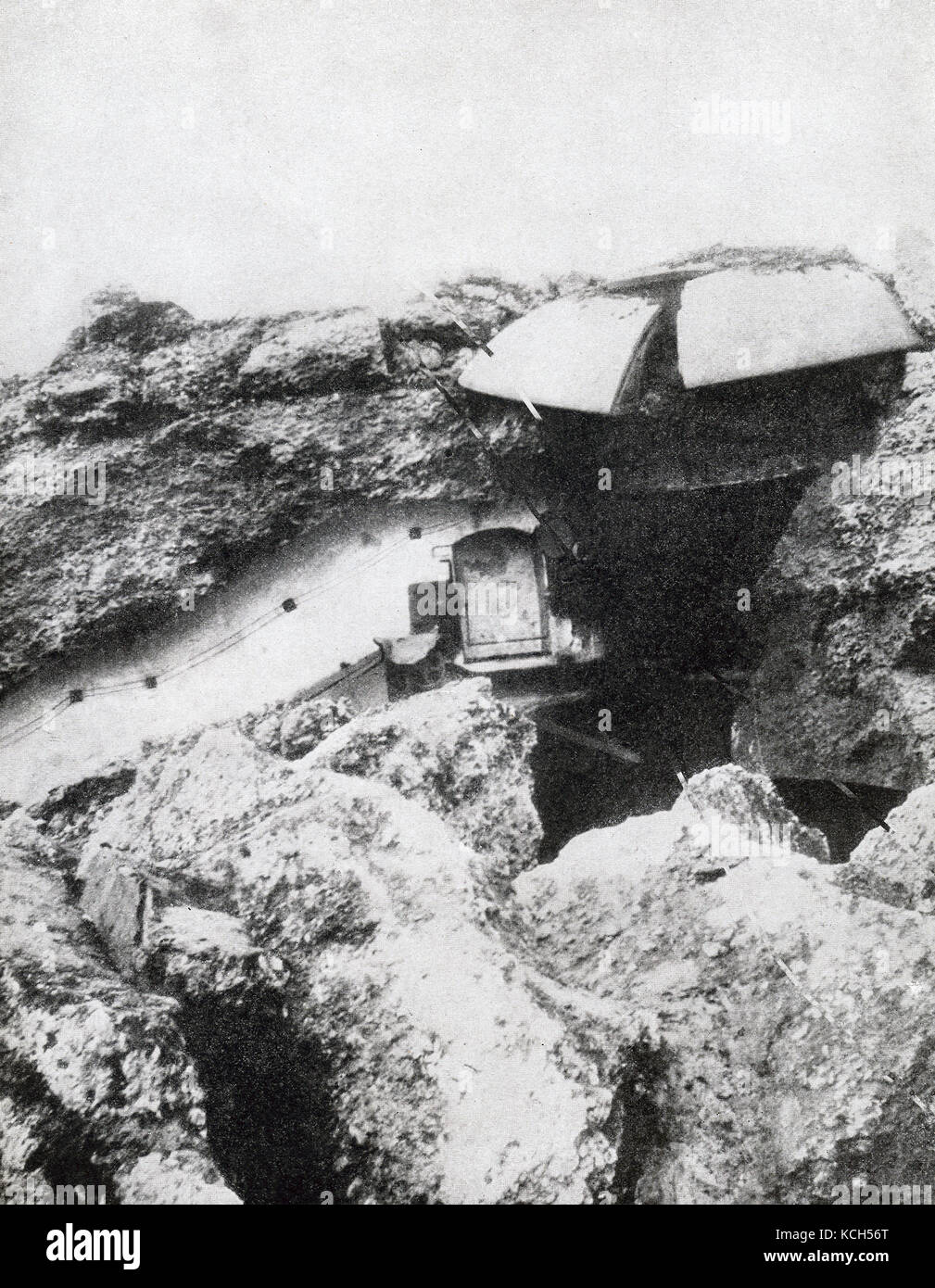 This photo from soon after August 5, 1914, shows a ruined liege fort during World War I. Here a steel turret is shown overthrown and the masonry dmonlished by German siege guns. On August 5, 1914, the German army launched its assault on the city of Liege in Belgium, thereby violating Belgium's neutrality and beginning the first battle of World War I. Stock Photo
