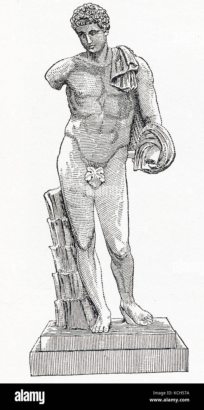This drawing from 1898 is of the famed statue known as Hermes Belvedere. This coarse-grained white marble statue presently in the Vatican Museum is a Roman copy, dating to between 117 and 138 C.E. of a Greek bronze that dated to the 4th century B.C.E. According to Greek and Roman mythology, Hermes (Mercury to the Romans) was the messenger god. Stock Photo
