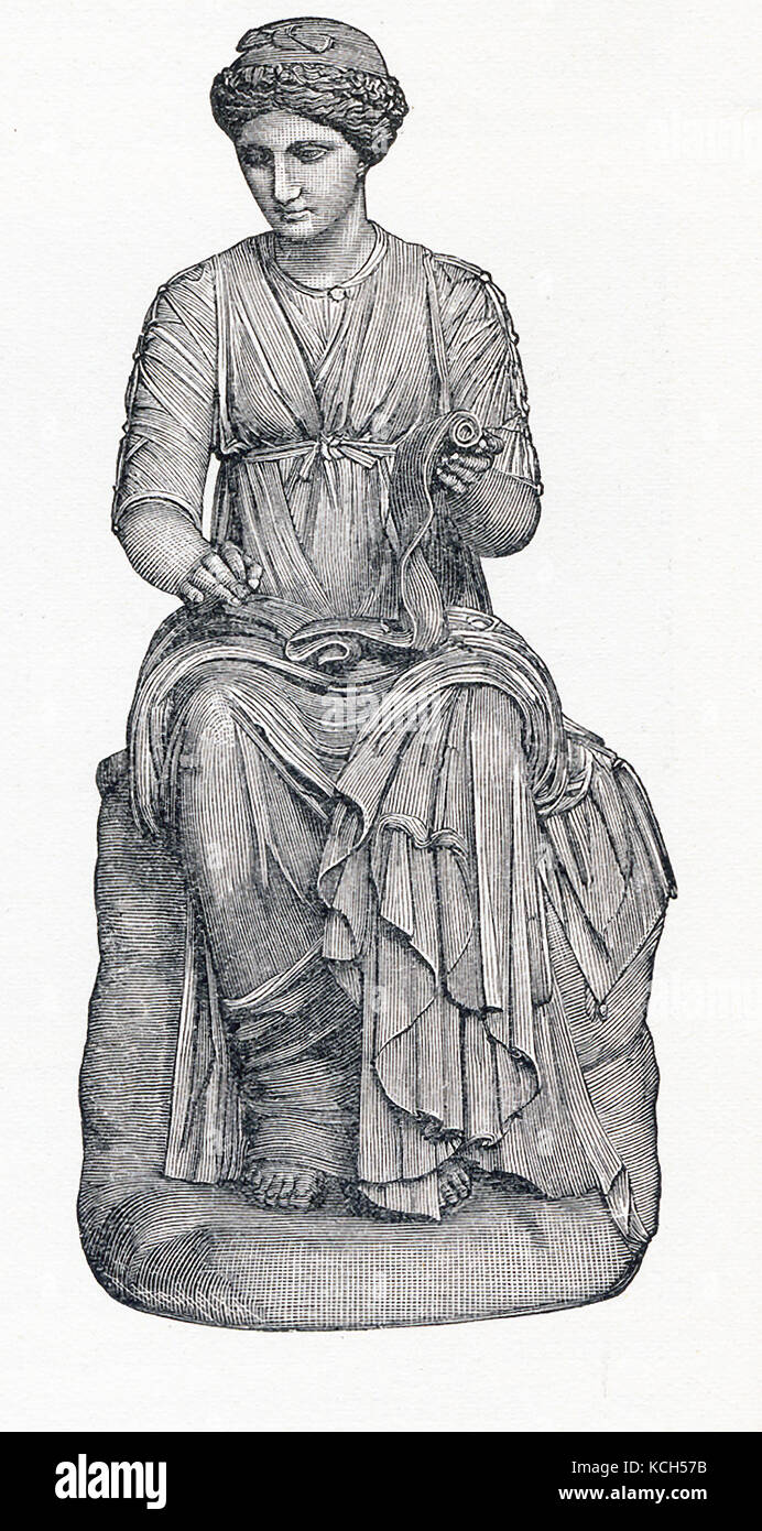 In Greek and Roman mythology, the Muses were nine daughters of Zeus and Mnemosyne (goddess of memory). There were honored as the patrons of arts and sciences. Calliope was the head muse, and Apollo, the god of prophecy and song, was their leader. The other nine were Clio, Erato, Melpomene, Terpsichore, [Apollo] Polyhymnia, Euterpe, Urania, and Thalia. This illustration from 1898 shows Calliope. Stock Photo