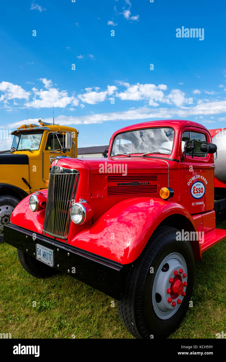 Red vintage 1954 White Super Power tank truck used to transport Essotane, liquefied petroleum gas, for Esso, built by White Motor Company, Canada. Stock Photo