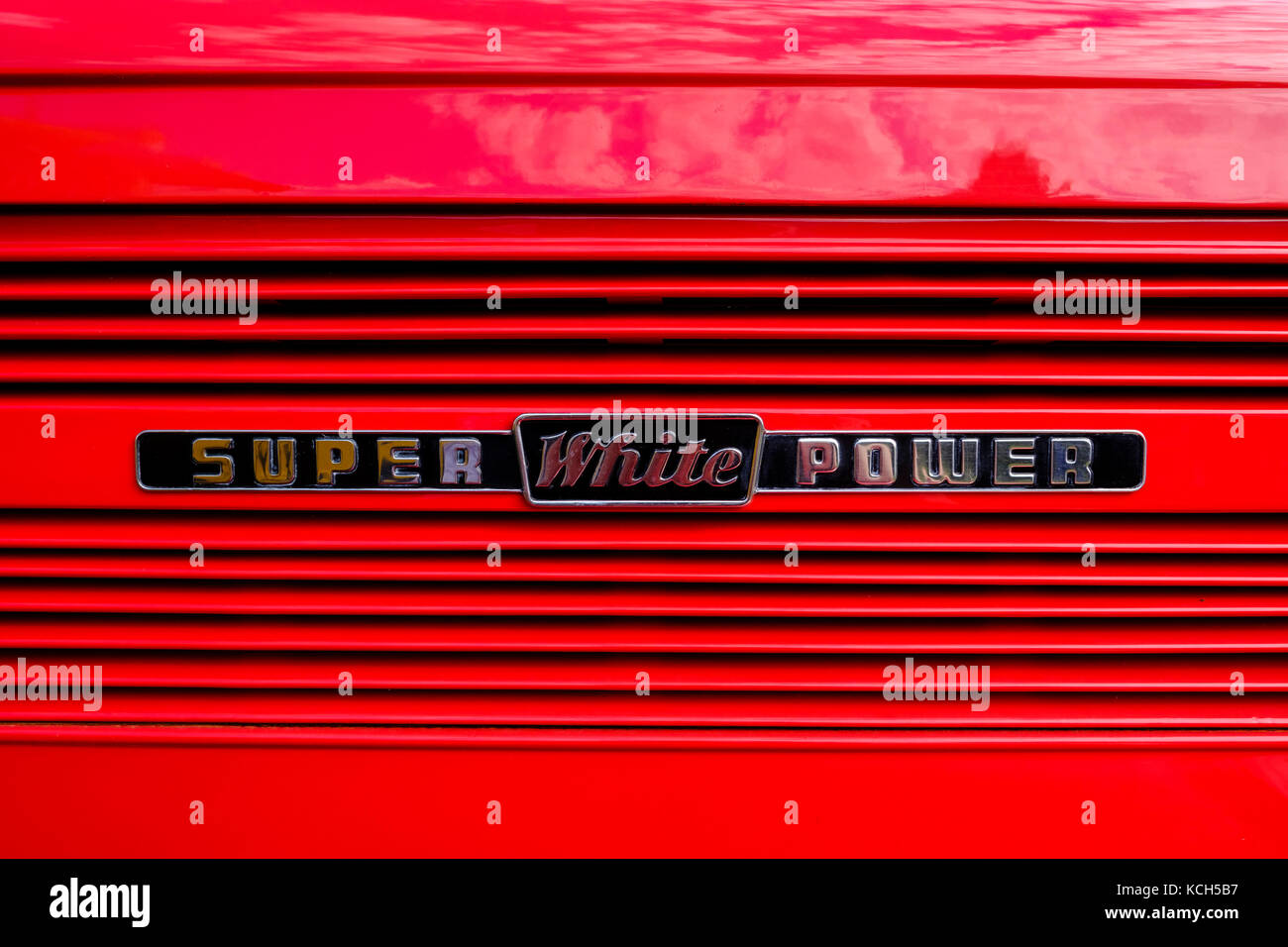 Brand identity badge, logo vintage 1954 White Super Power truck, restored vehicle, White Motor Company, American manufacturer, London, Canada. BHZ Stock Photo