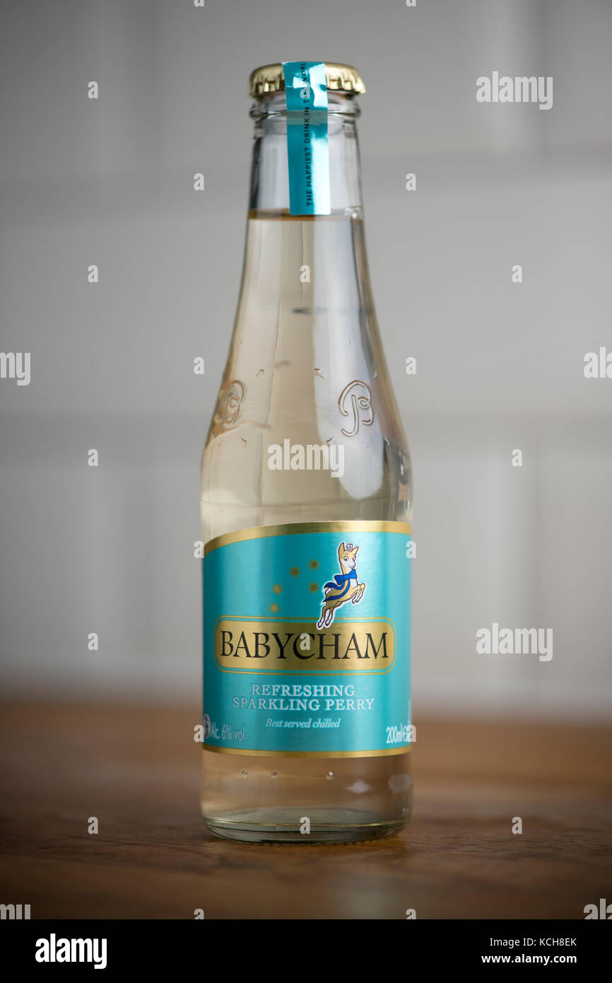 An unoponed bottle of the light sparkling perry, Babycham. Stock Photo