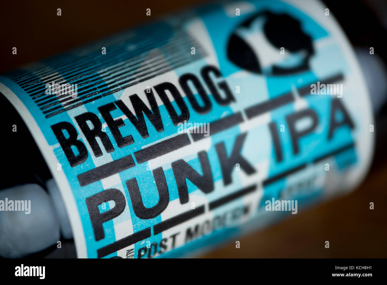 A close up of a bottle of Punk IPA brewed by the Scottish based brewery BrewDog (Editorial use only). Stock Photo