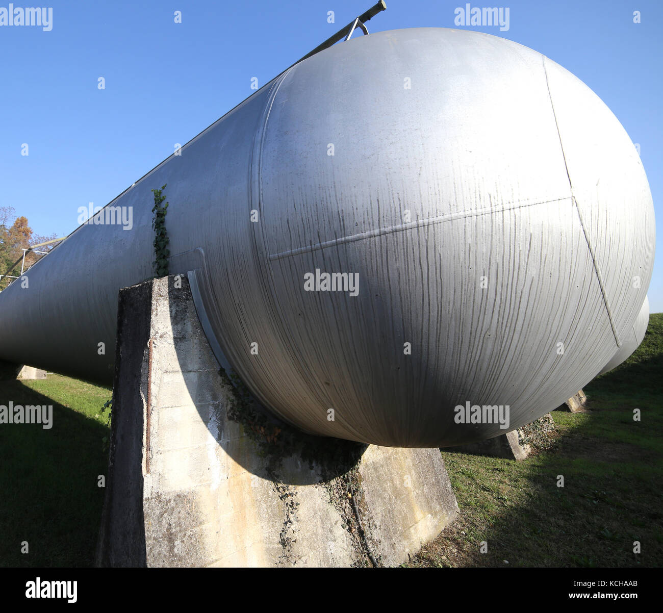 Huge gas storage tanks in an industrial area. Large cylinders are used