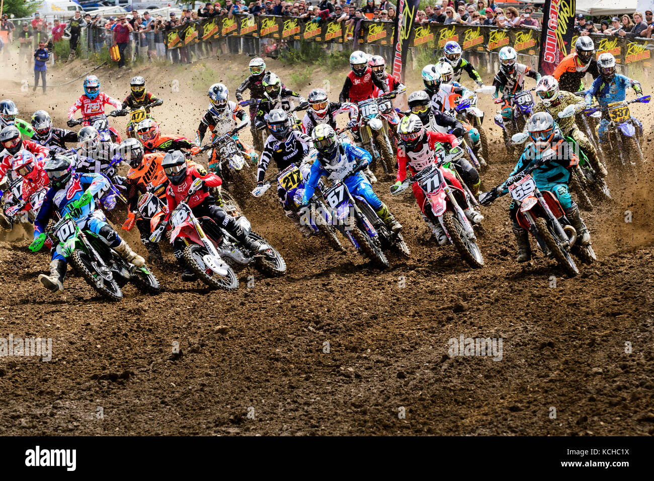 Racing action during the Rockstar Energy Drink Motocross Nationals at the Wastelands in Nanaimo, British Columbia. Stock Photo